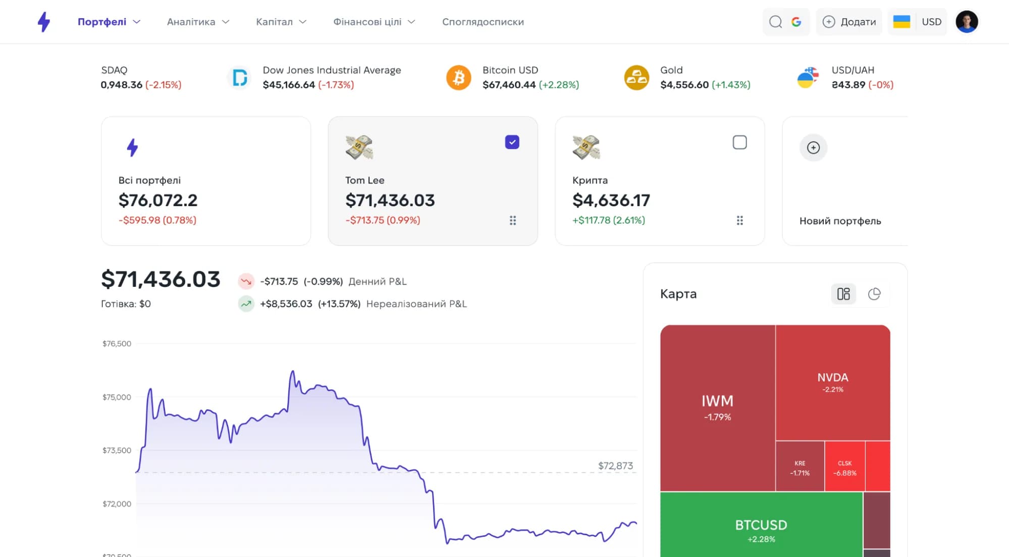Головна панель Strum з портфелями та алокацією